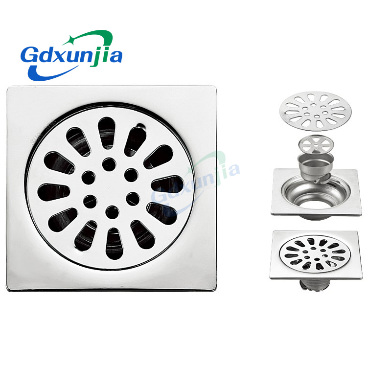 Xunjia/xinzhija – 10*10cm 2mm Thick 201 Stainless Steel Water Drop Like Square Floor Drain with Common Odor Proof Core