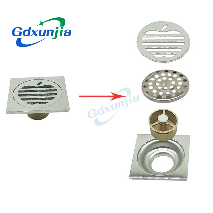 Hot Square 6mm Thick 4 santimetatra 201 Stainless Steel Round Apple Pattern Bathroom Shower Brass Anti Odor Floor Drain with Bayonet —XINZHIJIA/XUNJIA