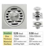 Square 10*10cm 2mm Thick 201 Stainless Steel Bathroom Shower Hair Catcher Strainer Floor Drain with Extended Connection Pipe